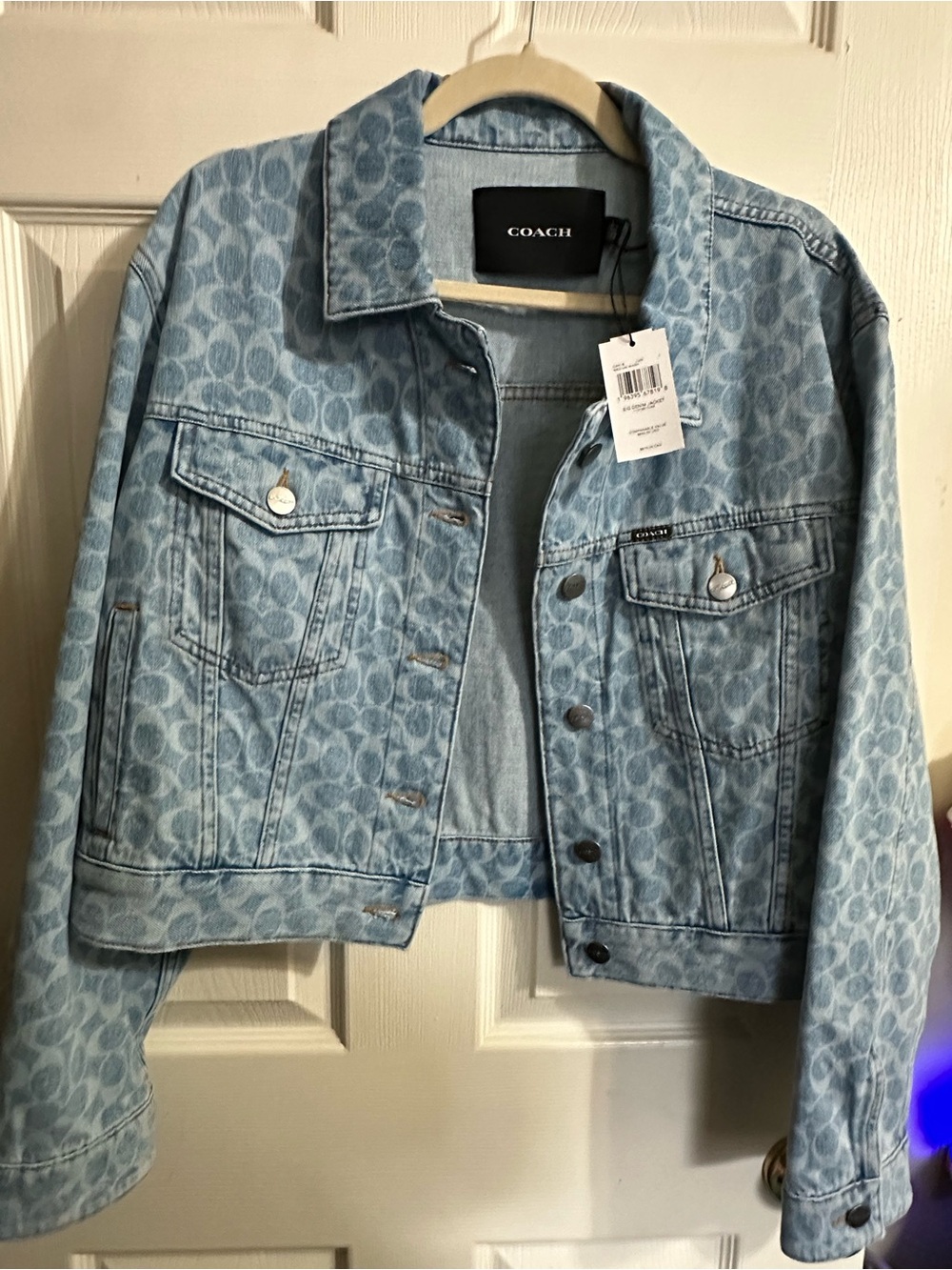 COACH Light Blue Signature Pattern Denim Trucker Jacket